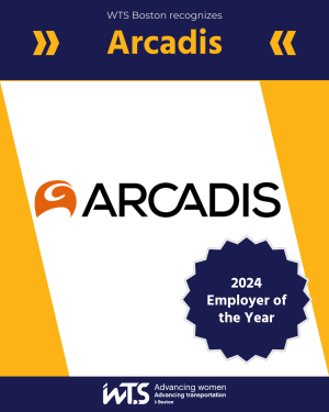 Arcadis wins WTS-Boston 2024 Employer of the Year award, logo framed in blue and yellow