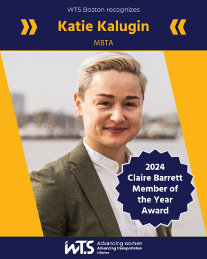 Katie Kalugin wins WTS-Boston 2024 Claire Barrett Member of the Year award, with her headshot framed in blue and yellow