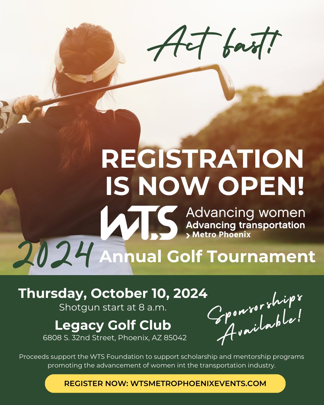 Register now for the 2024 WTS Metro Phoenix Annual Golf Tournament on October 10 at Legacy Golf Resort