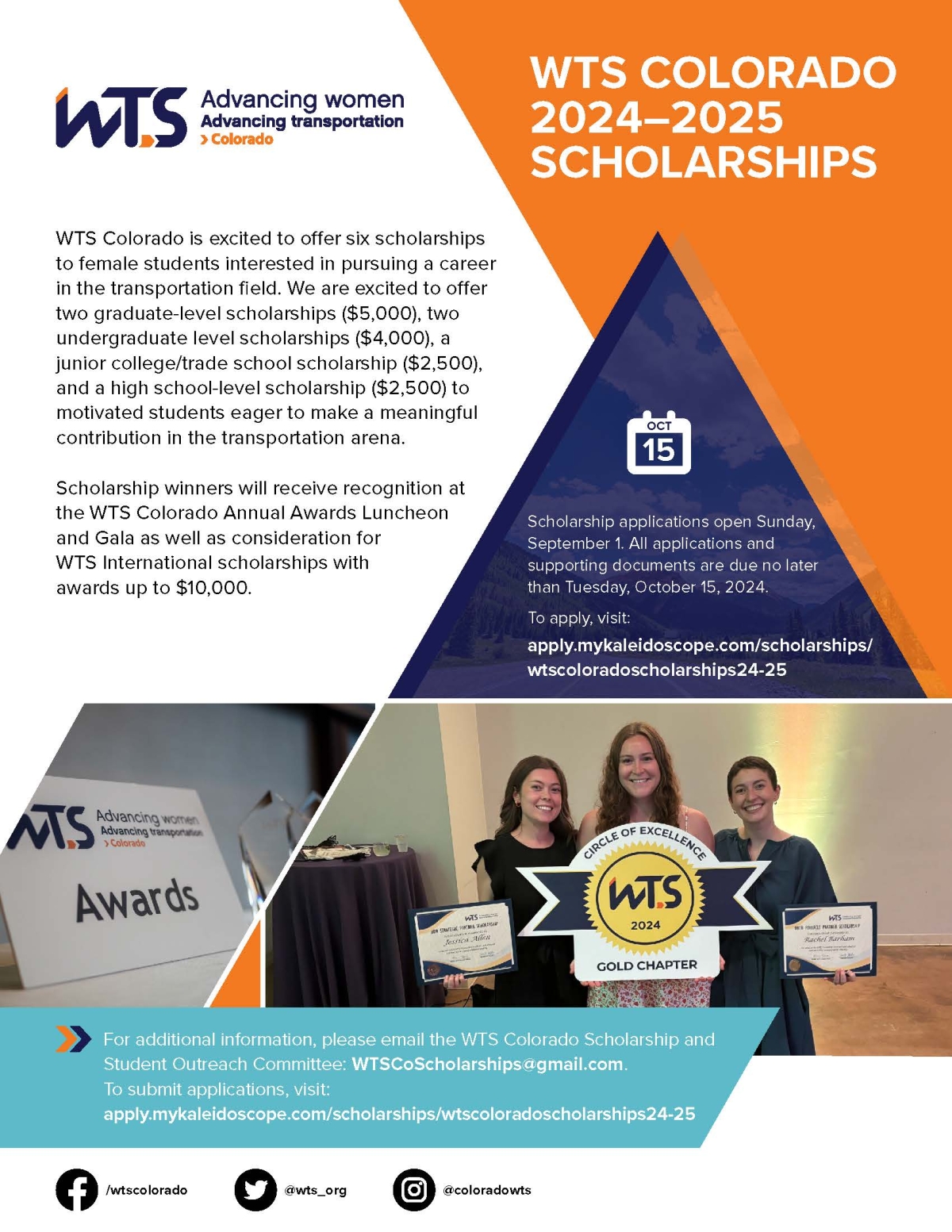 WTS scholarship flyer 2024-2025. Applications open Sept. 1 and are due no later than Oct. 15. There are two graduate-level scholarships ($5,000), two undergraduate level scholarships ($4,000), a junior college/trade school scholarship ($2,500), and a high school-level scholarship ($2,500).