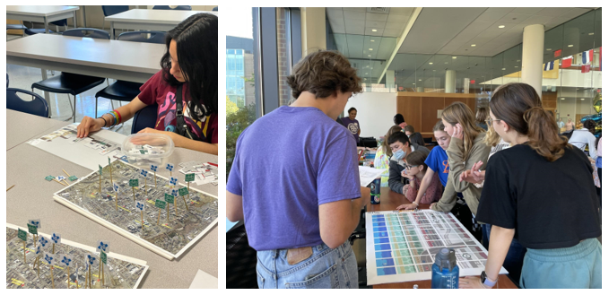 Left, a girl putting roadway cross section pieces onto a sheet. Right, students playing a transportation board game 