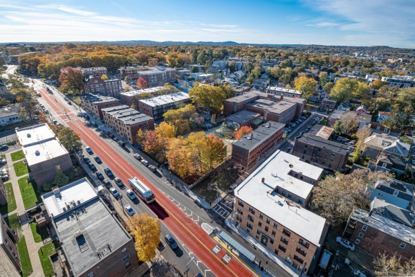 Overhead view of the MBTA's Columbus Ave center-running bus lane