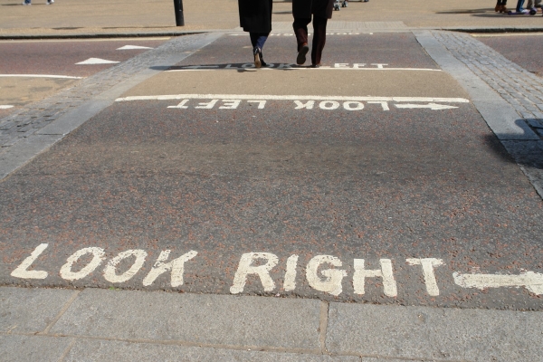 Photo of pavement markings that say Look Right