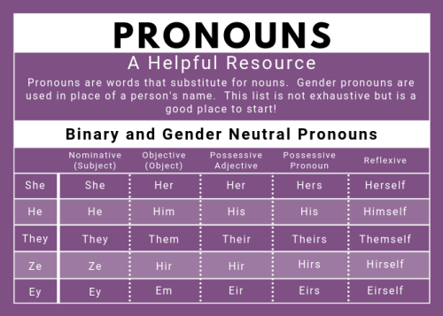 Graphic showing chart of gender pronouns 