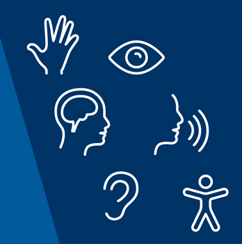 Blue graphic with line sketches in white showing a hand, an eye, a brain, a mouth talking, an ear, and a full body