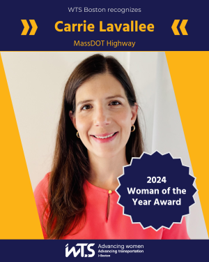 A professional headshot of Carrie Lavallee, Deputy Administrator and Chief Engineer at MassDOT Highway, winner of the 2024 Rosa Parks Diversity Leadership Award. She is framed in yellow and blue.